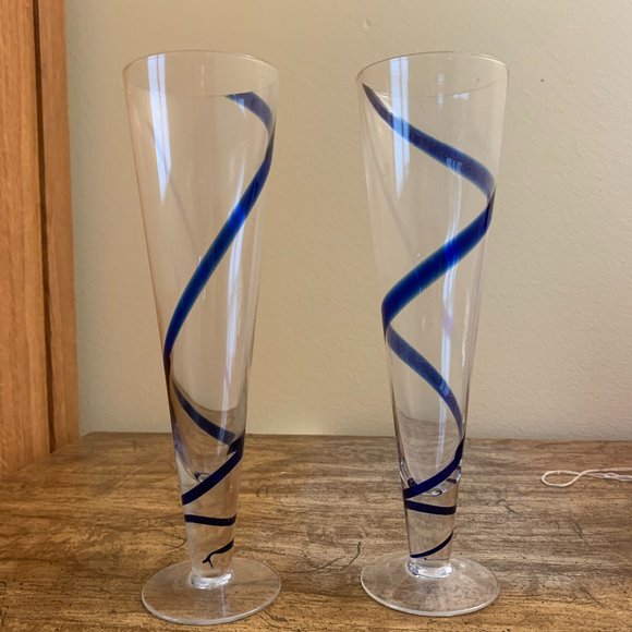 2 PIER I SWIRLINE COBALT BLUE PILSNER BEER GLASSES #502
